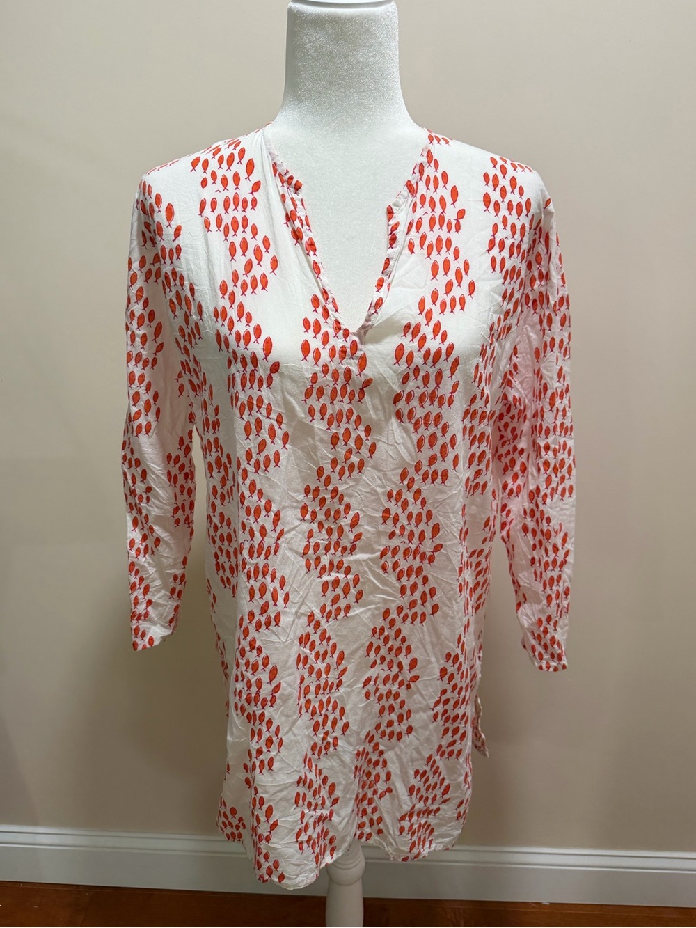 Roberta Roller Rabbit White w Red Fish Long Sleeve Kurta Tunic Coverup Top Sz. L